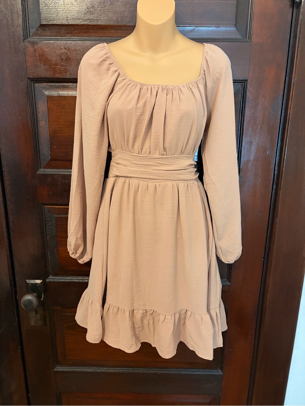 Long Sleeve Ruffle Hem Dress in Blush Taupe